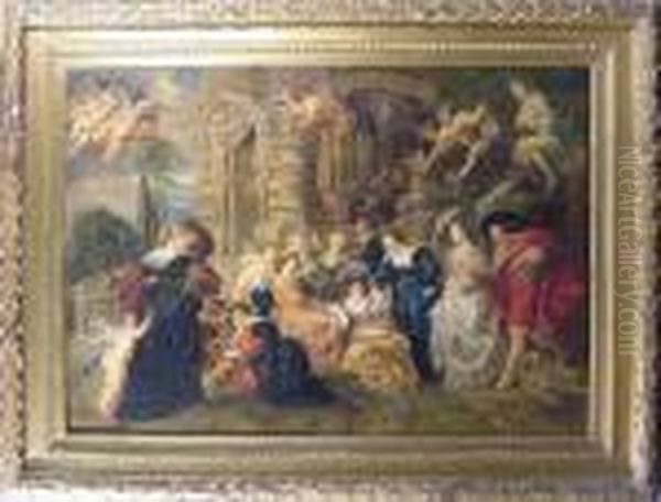 Numerous Figures Gathered By A Classical Building Oil Painting by Peter Paul Rubens