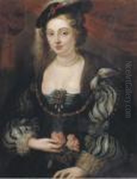 Portrait Of A Lady, Said To Be 
Helena Fourment, Half-length, In Ablue Dress, With Slashed Sleeves And 
Set With Pearls, And Afeathered Hat, Holding Pink Roses Oil Painting by Peter Paul Rubens