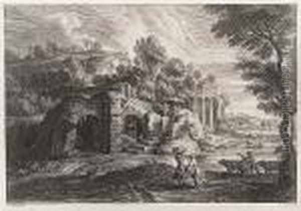 Landscape With Ruins, And Two Women Crossing A Stream Oil Painting by Peter Paul Rubens