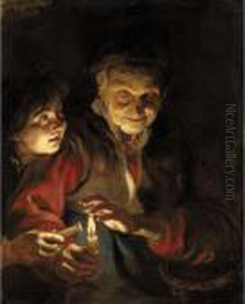 A Night Scene With An Old Lady 
Holding A Basket And A Candle, A Young Boy At Her Side About To Light 
His Candle From Hers Oil Painting by Peter Paul Rubens