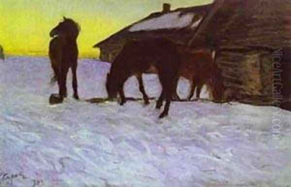 Colts At Watering Place Domotcanovo 1904 Oil Painting by Valentin Aleksandrovich Serov