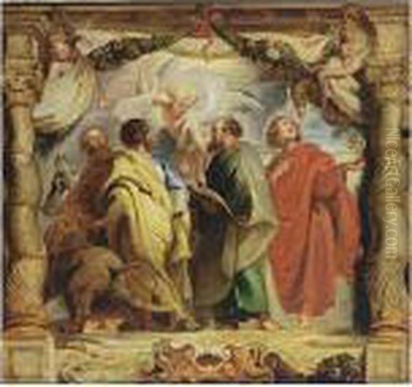 The Four Evangelists With Putti Holding Fruit Garlands Oil Painting by Peter Paul Rubens