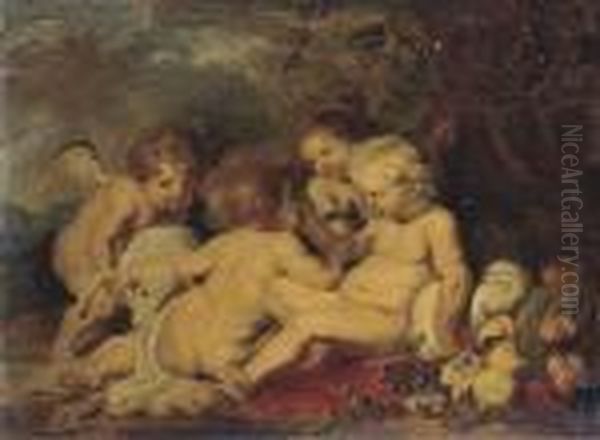 The Christ Child And The Intant Saint John The Baptist With Puttiin A Wooded Clearing Oil Painting by Peter Paul Rubens