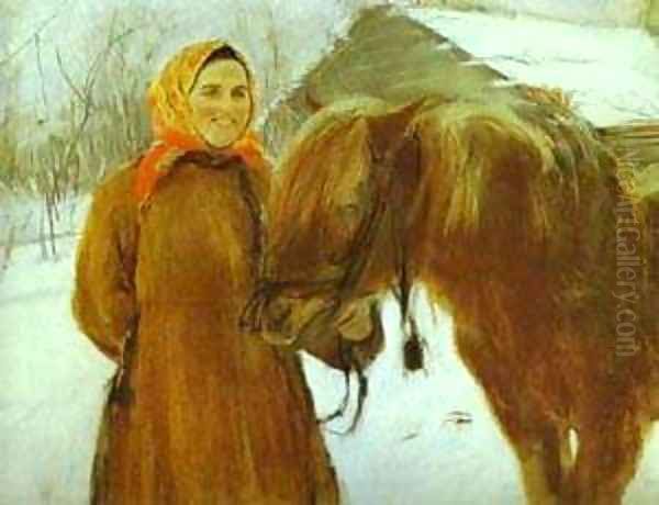 In A Village Peasant Woman With A Horse 1898 Oil Painting by Valentin Aleksandrovich Serov