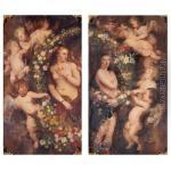 Venus Surrounded By A Garland Of
 Flowers And Putti And Helena Fourment Surrounded By A Garland Of 
Flowers And Putti: A Pair Of Paintings Oil Painting by Peter Paul Rubens