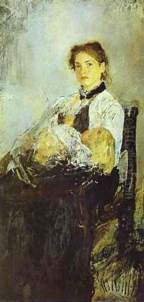 Portrait Of Nadezhda Derviz With Her Child 1888-89 Oil Painting by Valentin Aleksandrovich Serov