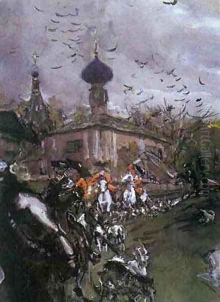 Peter Ii And Princess Elizabeth Petrovna Riding To Hounds Detail 1900 Oil Painting by Valentin Aleksandrovich Serov