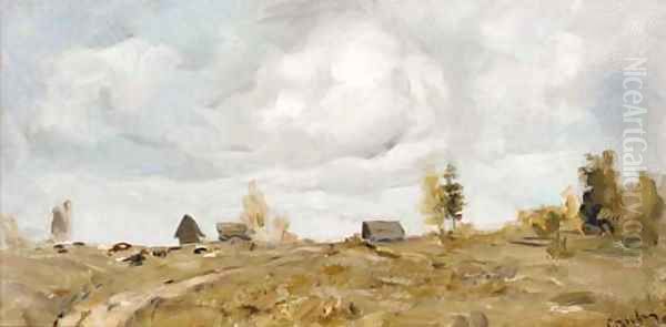 Country Settlement under threatening Clouds Oil Painting by Valentin Aleksandrovich Serov