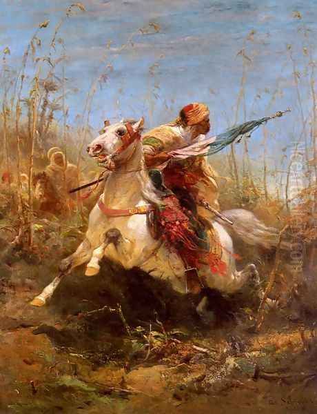 Arab Warrior Leading A Charge Oil Painting by Adolf Schreyer