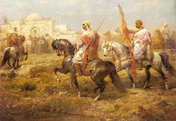 Arab Cavalry Approaching an Oasis Oil Painting by Adolf Schreyer