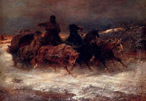 A Troika In Winter Oil Painting by Adolf Schreyer