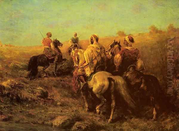 Arabian Horseman near a Watering Place Oil Painting by Adolf Schreyer