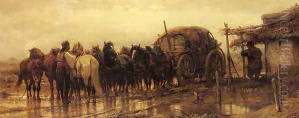 Hitching Horses to the Wagon Oil Painting by Adolf Schreyer