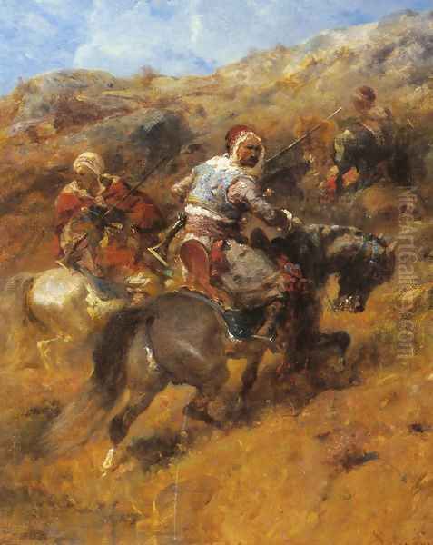 Arab Warriors On A Hillside Oil Painting by Adolf Schreyer