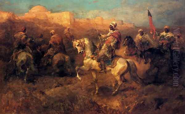 Arab Horsemen On The March Oil Painting by Adolf Schreyer