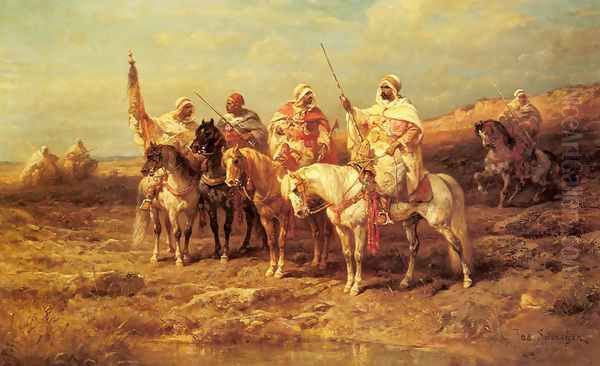 Arab Horsemen by a Watering Hole Oil Painting by Adolf Schreyer