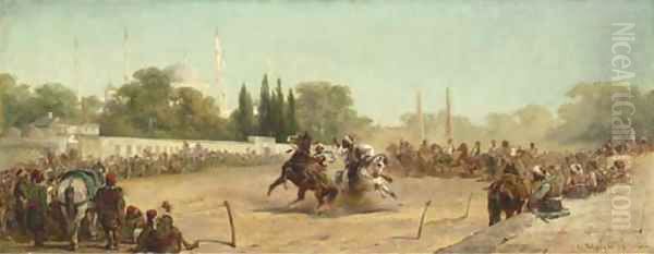 A Horse Race in the Hippodrome before the Mosque of Sultan Ahmet, Constantinople Oil Painting by Adolf Schreyer