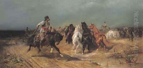 Fording a river Oil Painting by Adolf Schreyer