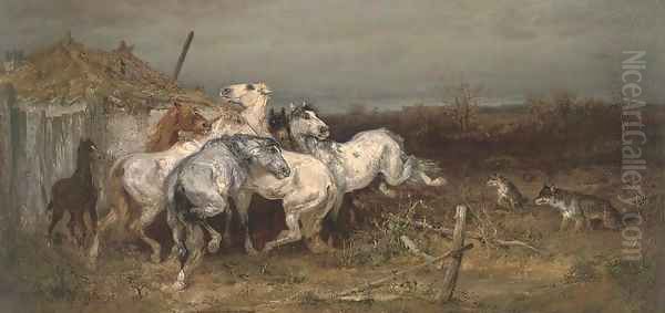 Horses startled by wolves Oil Painting by Adolf Schreyer