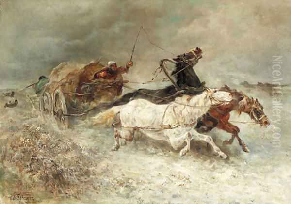 Wallachian wagon under attack Oil Painting by Adolf Schreyer