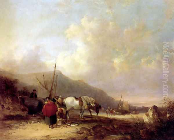 A Busy Beach Scene Oil Painting by William Joseph Shayer