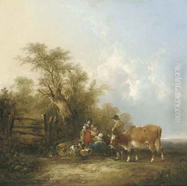 Figures and a cow by a gate in a landscape Oil Painting by William Joseph Shayer