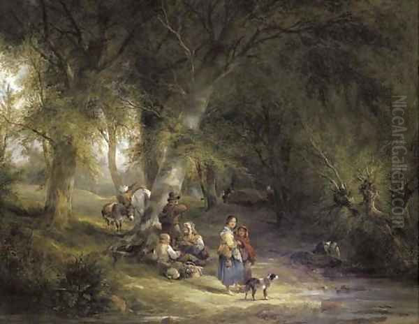 A gypsy encampment in a wooded landscape by a river, with several figures, donkeys and a dog in the foreground Oil Painting by William Joseph Shayer