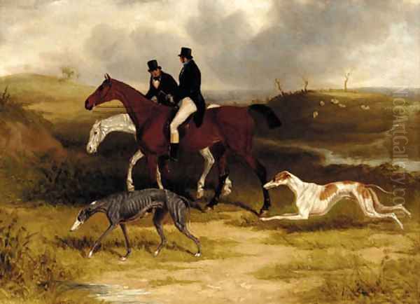 Two gentlemen on hunters with greyhounds in a landscape Oil Painting by William Joseph Shayer