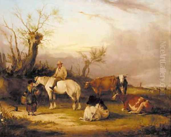 A man on a horse talking to a milkmaid by some cattle Oil Painting by William Joseph Shayer