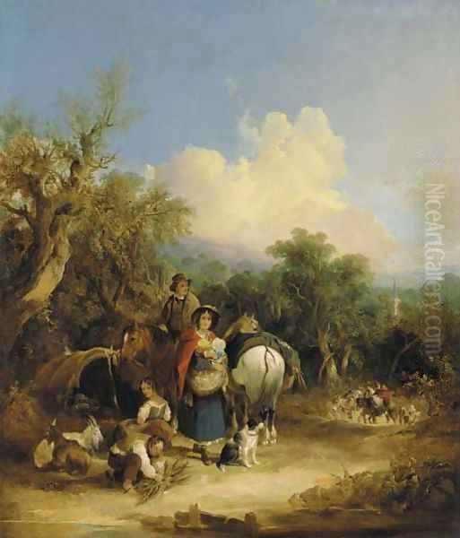 Travellers on a path in an extensive wooded landscape, with a church spire beyond Oil Painting by William Joseph Shayer