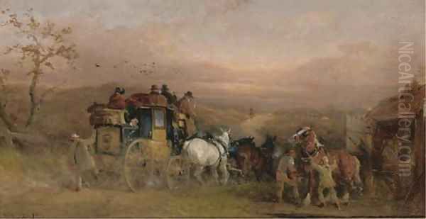 A coach and four at a blacksmiths Oil Painting by William Joseph Shayer