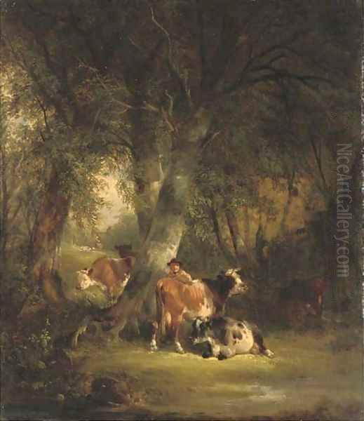 Wooded landscape with a drover and cattle in the foreground Oil Painting by William Joseph Shayer