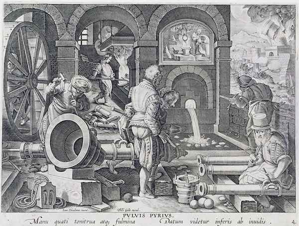 The Invention of Gunpowder and the First Casting of Bronze Cannon, plate 4 from Nova Reperta New Discoveries engraved by Philip Galle 1537-1612 c.1600 Oil Painting by Giovanni Stradano