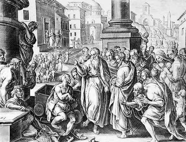 Saints Paul and Barnabas Preaching in Lystra, engraved by P. Galleus Oil Painting by Giovanni Stradano