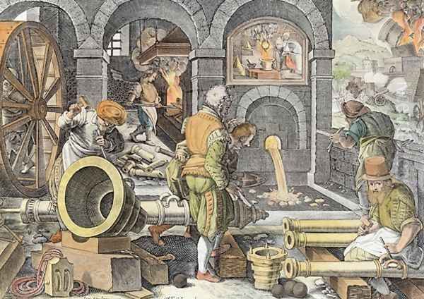 The Invention of Gunpowder and the First Casting of Bronze Cannon, plate 4 from Nova Reperta New Discoveries engraved by Philip Galle 1537-1612 c.1600 2 Oil Painting by Giovanni Stradano