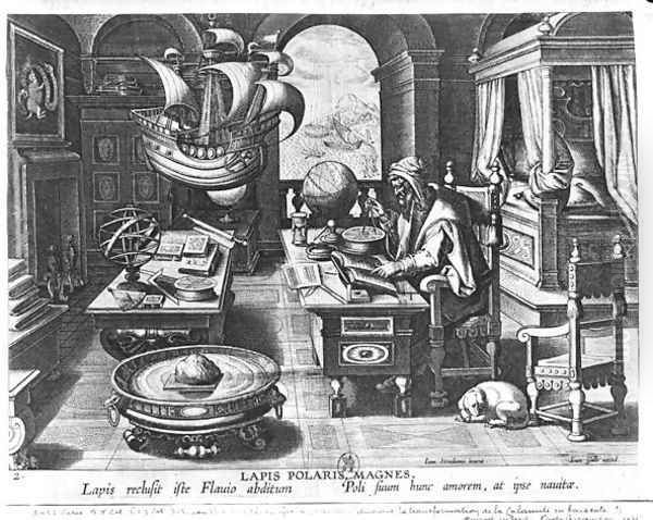 Flavio Gioia of Amalfi discovering the Power of the Lodestone, plate 3 from Nova Reperta New Discoveries engraved by Philip Galle 1537-1612 c.1600 Oil Painting by Giovanni Stradano