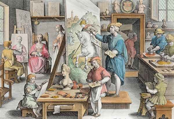 The Invention of Oil Paint, plate 15 from Nova Reperta New Discoveries engraved by Philip Galle 1537-1612 c.1600 2 Oil Painting by Giovanni Stradano