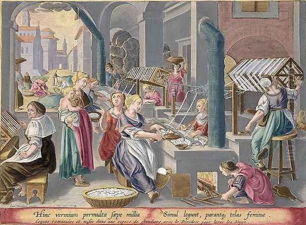 Boiling the Cocoons to Destroy the Chrysalids and Soften the Strands, and Reeling them to Make Silk, plate 6 from Vermis Sericus The Silkworm engraved by Philip Galle 1537-1612 Oil Painting by Giovanni Stradano