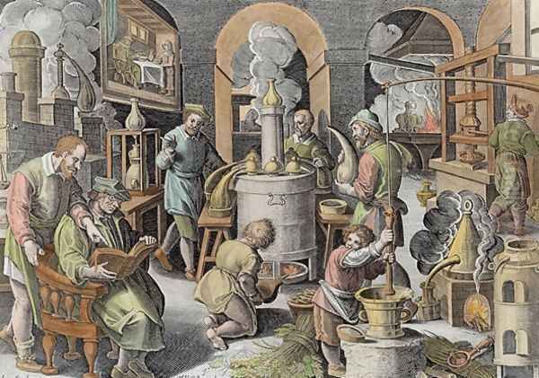 Distillation, boiling water to purify it, engraved by Philip Galle 1537-1612 Oil Painting by Giovanni Stradano