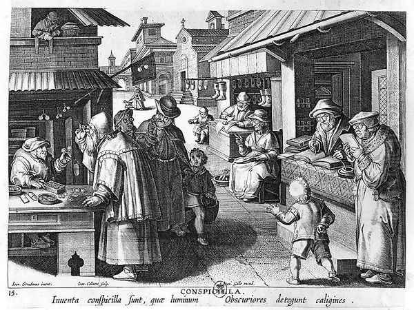 The Spectacles Seller, engraved by Jan Collaert and Joan Galle 1600-76 Oil Painting by Giovanni Stradano