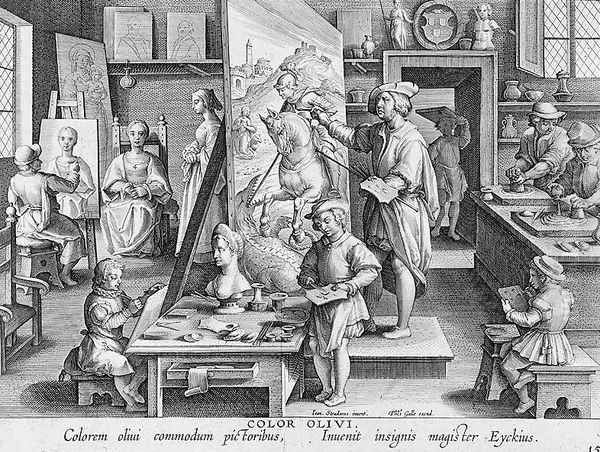 The Invention of Oil Paint, plate 15 from Nova Reperta New Discoveries engraved by Philip Galle 1537-1612 c.1600 Oil Painting by Giovanni Stradano