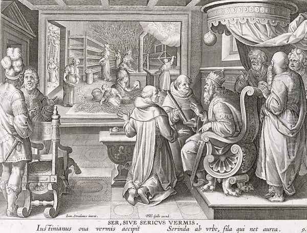 The Beginning of the Silk Industry in Europe, plate 9 from Nova Reperta New Discoveries engraved by Philip Galle 1537-1612 c.1600 Oil Painting by Giovanni Stradano