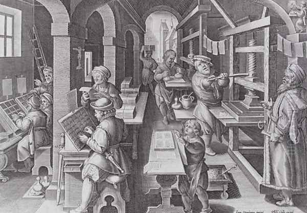 The Development of Printing, plate 5 from Nova Reperta New Discoveries engraved by Philip Galle 1537-1612 c.1600 Oil Painting by Giovanni Stradano