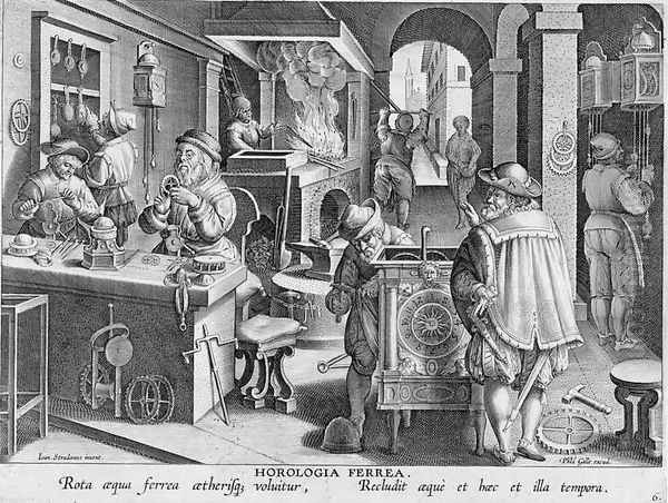 The Invention of Iron Mechanical Clocks, plate 6 from Nova Reperta New Discoveries engraved by Philip Galle 1537-1612 c.1600 Oil Painting by Giovanni Stradano