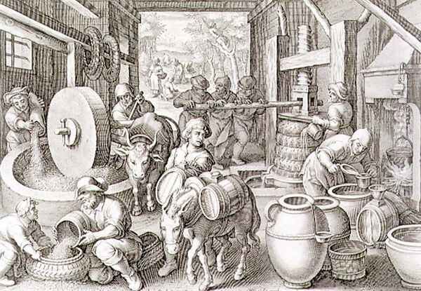 The Production of Olive Oil, plate 13 from Nova Reperta New Discoveries engraved by Philip Galle 1537-1612 c.1600 2 Oil Painting by Giovanni Stradano