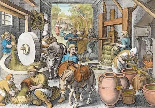 The Production of Olive Oil, plate 13 from Nova Reperta New Discoveries engraved by Philip Galle 1537-1612 c.1600 Oil Painting by Giovanni Stradano