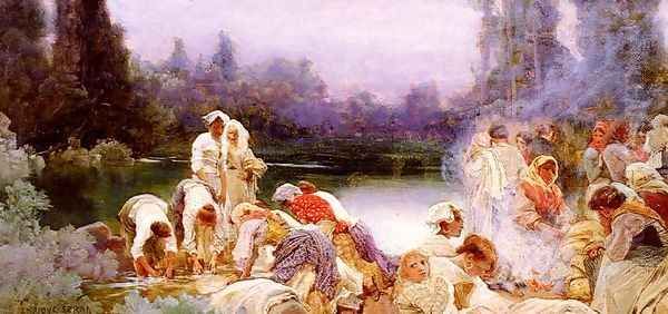 Washerwomen At The River's Edge Oil Painting by Enrique Serra y Auque