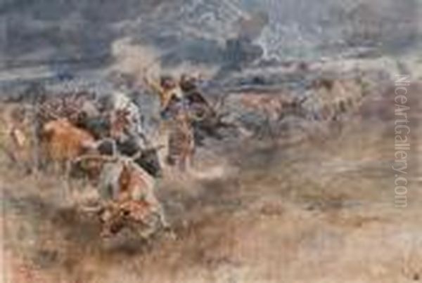 Turning The Leader Oil Painting by Charles Marion Russell