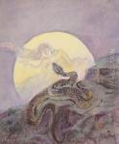 The Big Snake Used To Crawl Up A High Hill And Watch The Moon In The Sky Oil Painting by Charles Marion Russell