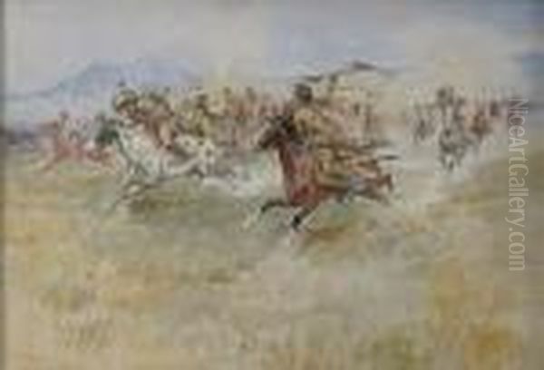 The Battle Between The Blackfeet And Thepiegans Oil Painting by Charles Marion Russell